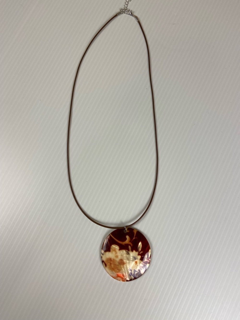 Mother of Pearl Shell Pendant Necklace Brown Cord Boho Coastal Statement Disc